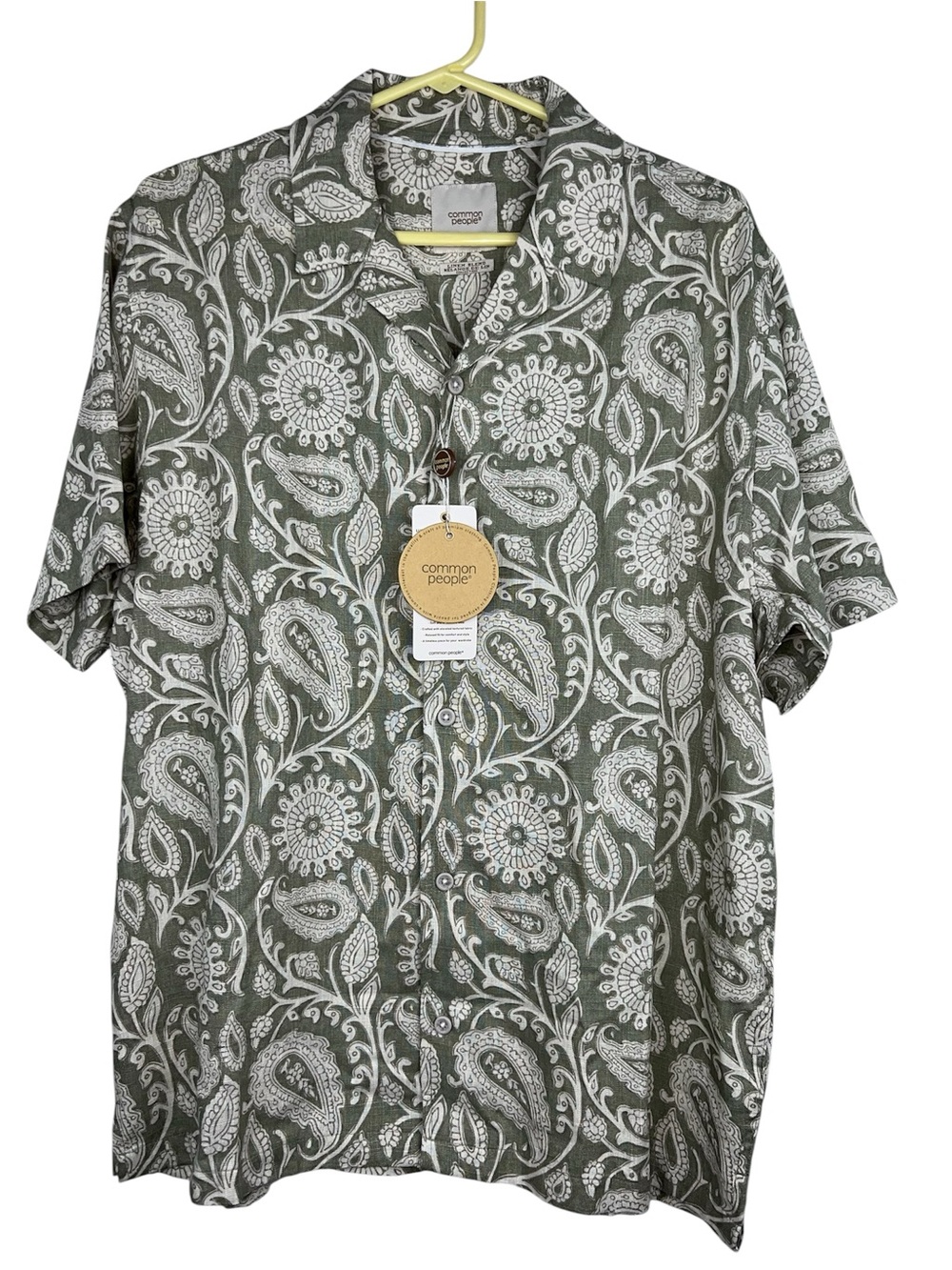 COMMON PEOPLE PAISLEY short sleeve CAMP SHIRT KHAKI TAN linen blend size LARGE